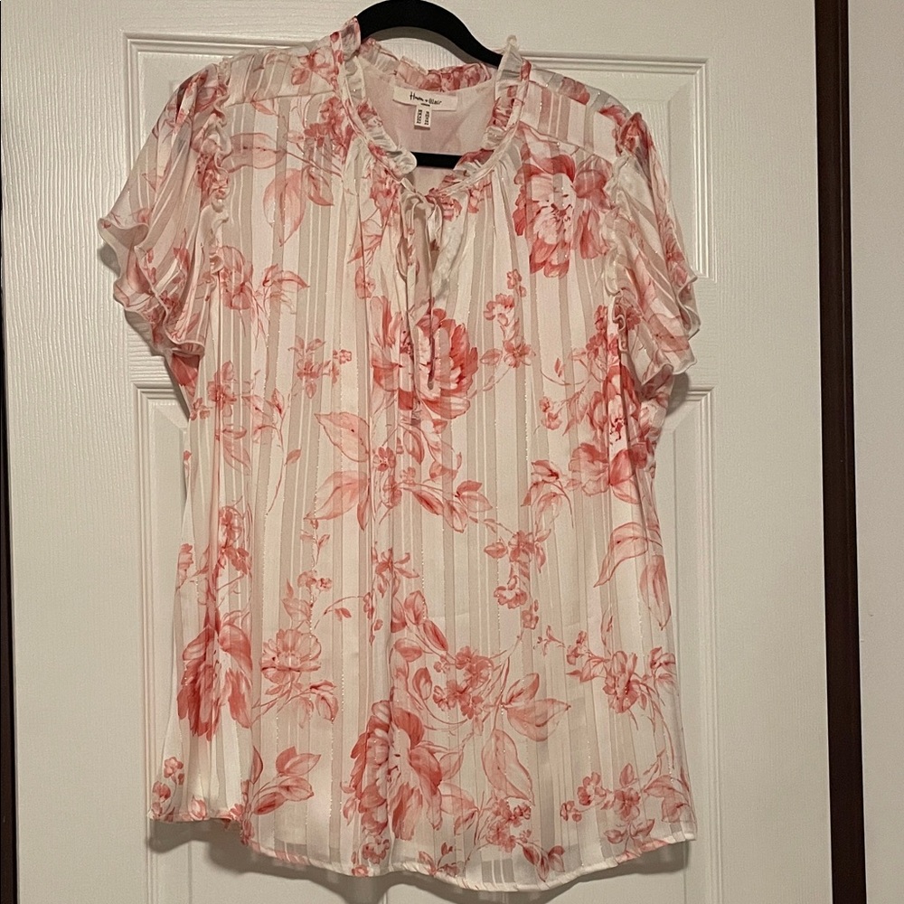 Haver & Blair Blouse Size 1X Cream/pink floral/gold thread accent